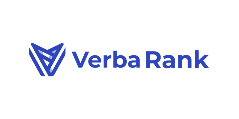 この画像には、白い背景の上に、太字の青文字で「Verba Rank」と書かれた文字の横に、青い幾何学模様のロゴが描かれています。.